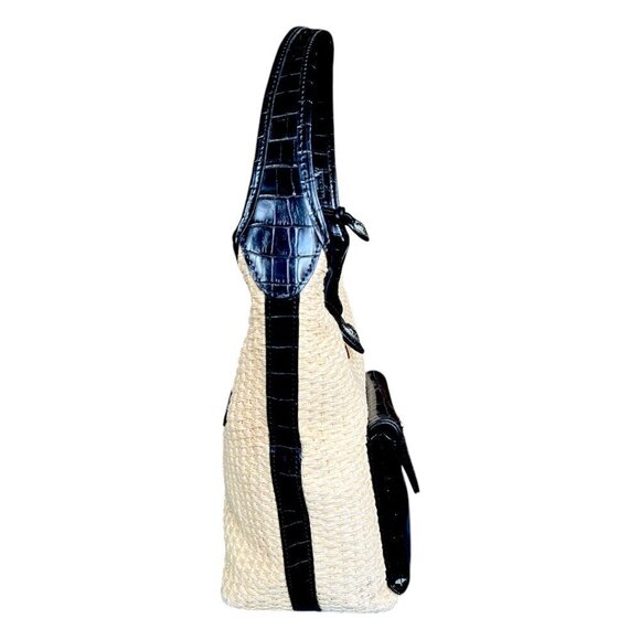 Raffa Straw & Black Crocodile Animal Print Vegan Leather Handbag Silver Hearts - Picture 9 of 13